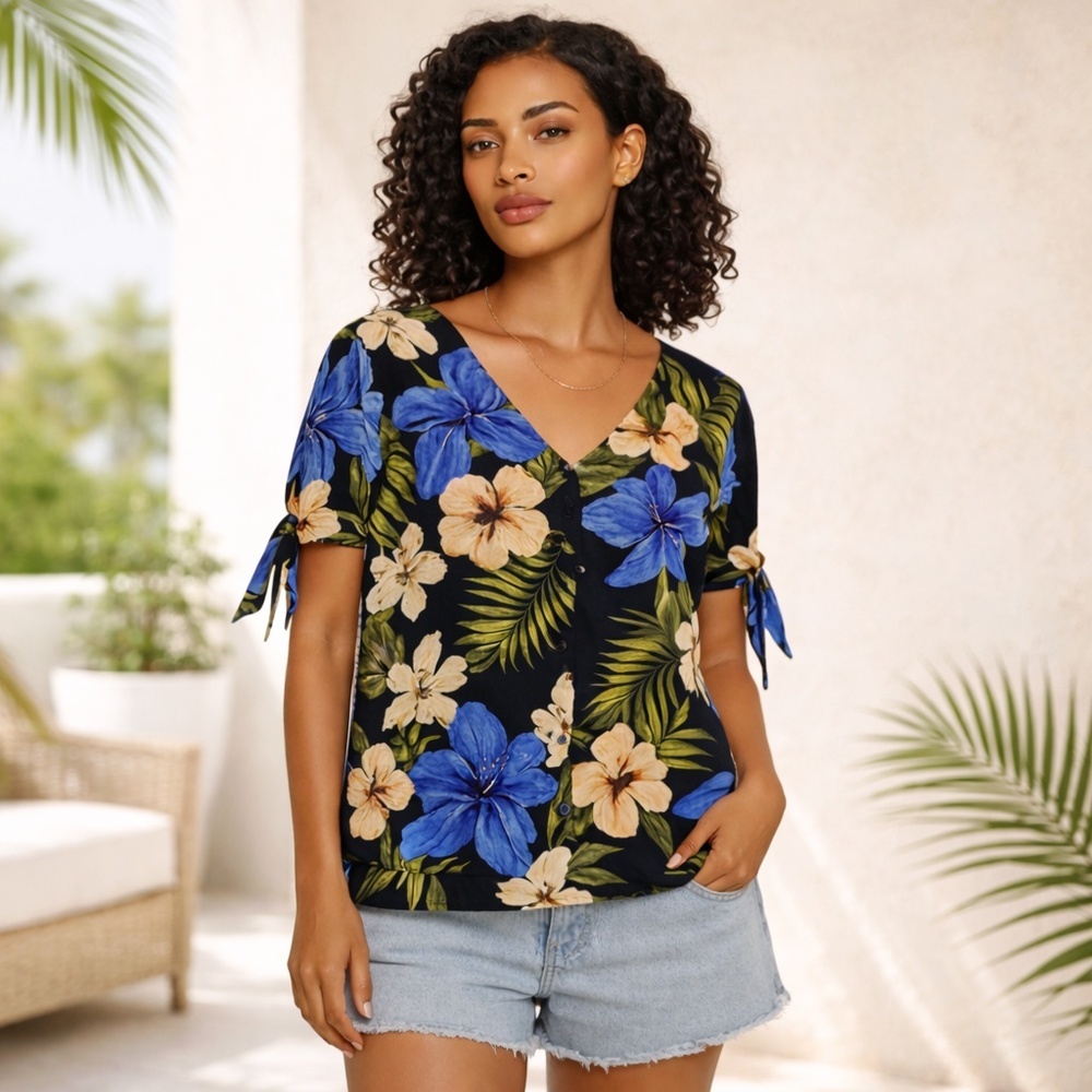 VERO MODA Black Linen Blend Tropical Floral Tie‎ Sleeve Blouse Resort L